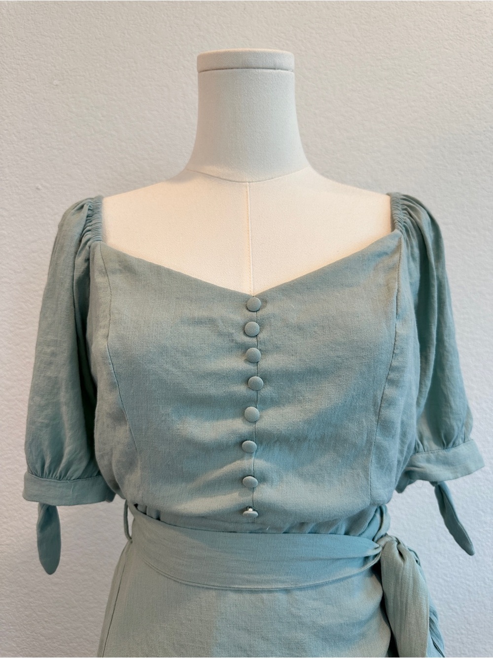 The Clothing Company Sage Green Puff Sleeve Wrap Mini Dress Size Large - Picture 2 of 8